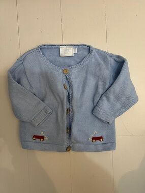 Little English Light Blue Knit Cardigan with Red Car Embroidery